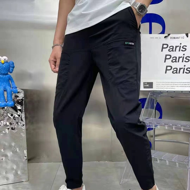 2023 Summer Ice Silk Stitching Six-Pocket Embroidered High-Elastic Men's Casual Pants TikTok Fast Hand Cyber Celebrant Casual Leggings