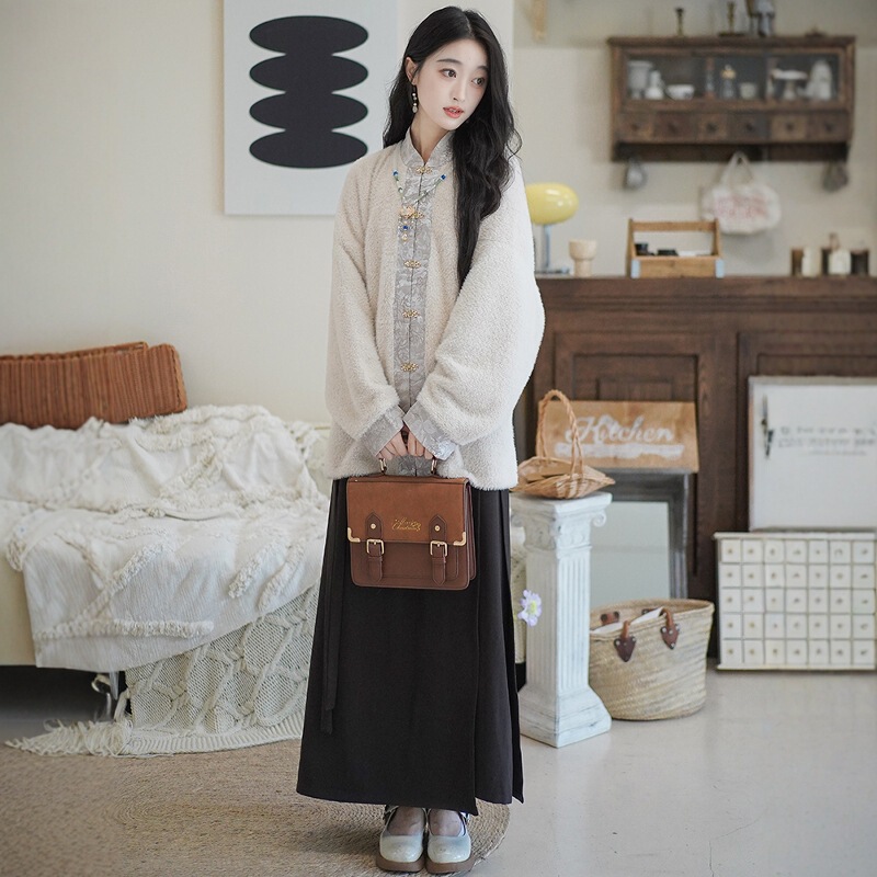 Loose Bamboo Velvet Knit Stand Collar Bow Pocket Sleeve Ming-Style Hanfu Women's Daily Commute Improved Song Pants and Skirt Autumn and Winter Style