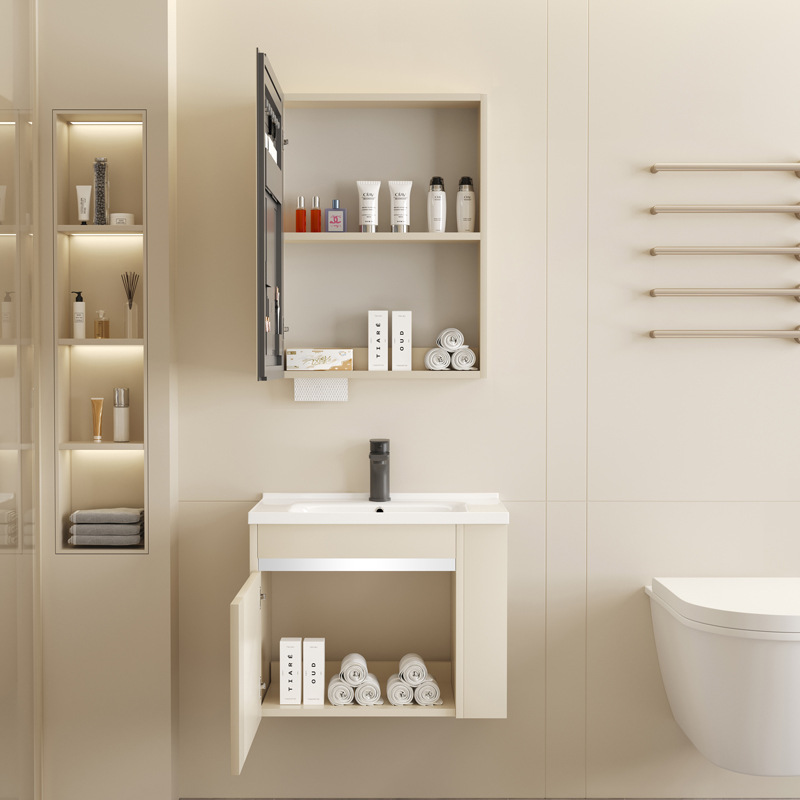 Cuenca cerámica integrada de almacenamiento lateral tipo casa pequeña con aire de crema gabinete de baño de madera maciza lavabo de baño combinación