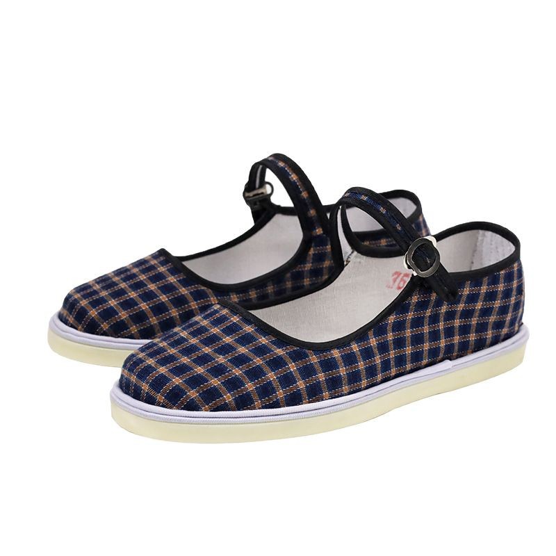 Zapatos de mujer de nuevo estilo, zapatos de tela de mujer de Beijing viejos planos, suela suave de todo fósforo, boca poco profunda, zapatos de madre a cuadros