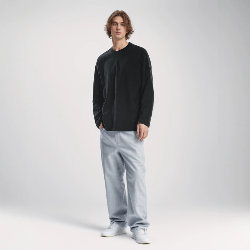 220G pure cotton round neck long sleeve T-shirt for men, solid color, simple and versatile, loose fit for spring and autumn, combed cotton men's top, base shirt 220G pure cotton round neck long sleeve T-shirt for men, solid color, simple and versatile, loose fit for spring and autumn, combed cotton men's top, base shirt
