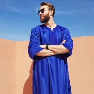 Ethnic Clothing Robe Amazon Cross-Border Wholesale Embroidery Men's Middle Eastern Manufacturer 2024 New Blue Silver Ready Stock