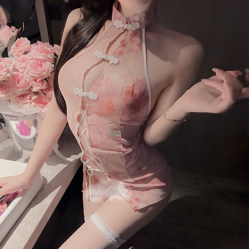 Sexy lingerie slant placket sexy antique dream butterfly buckle hollow strap perspective cheongsam role-playing suit women