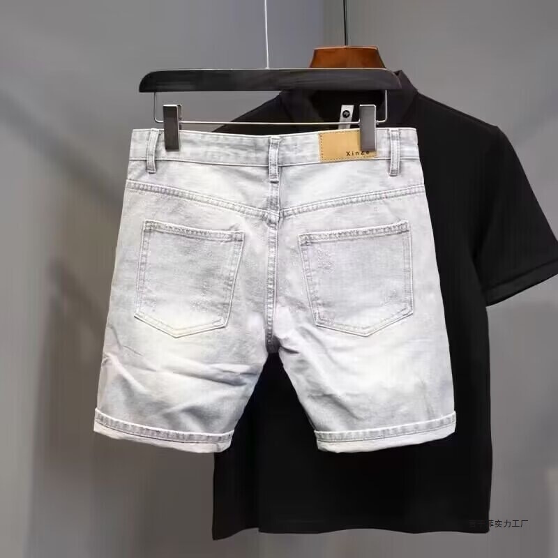 2025 レトロデニムショートパンツメンズ夏リッピングルーズトレンディブランドハイエンドライトカラーラージサイズアウターウェア 5 点ミディアムパンツ|undefined