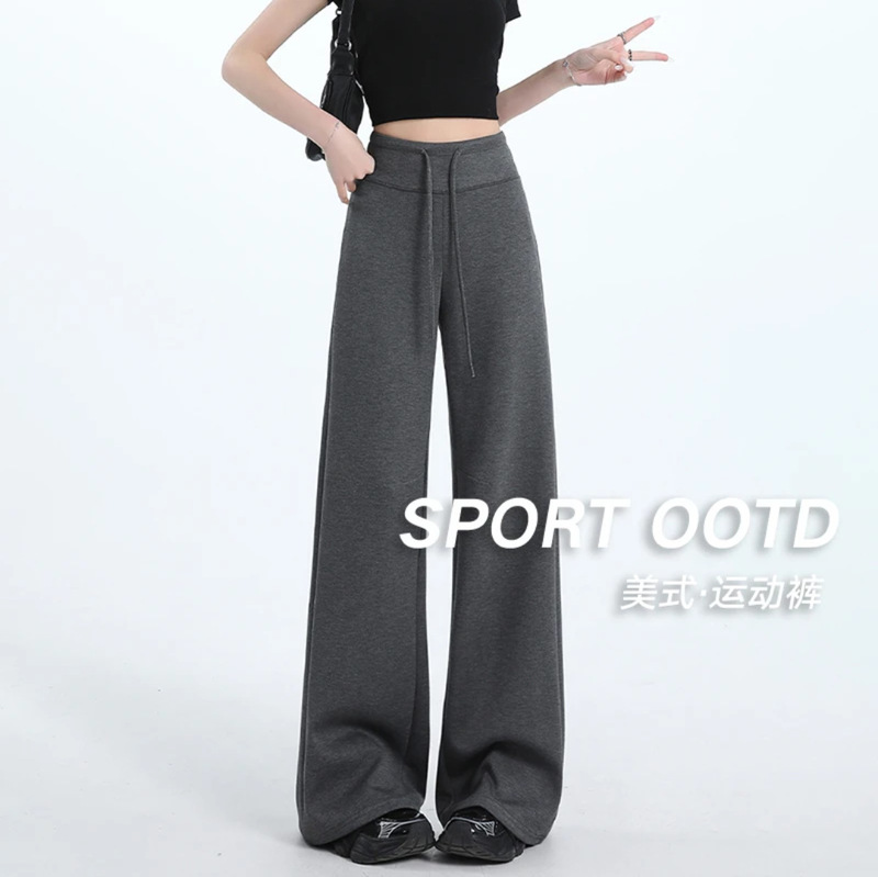 American Retro Lazy Style Casual Women's Pants, Sporty Drawstring Sweatpants, Elegant High-Waisted Slimming Loose Drapey Wide-Leg Pants