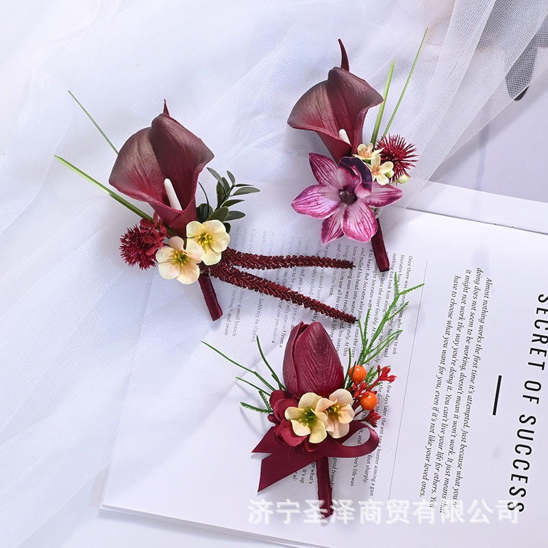 Wedding High-End Calla Lily Artificial Flowers Groom Bride Groomsmen Bridesmaids High-End Corsage Wedding Guest Suit with Flowers