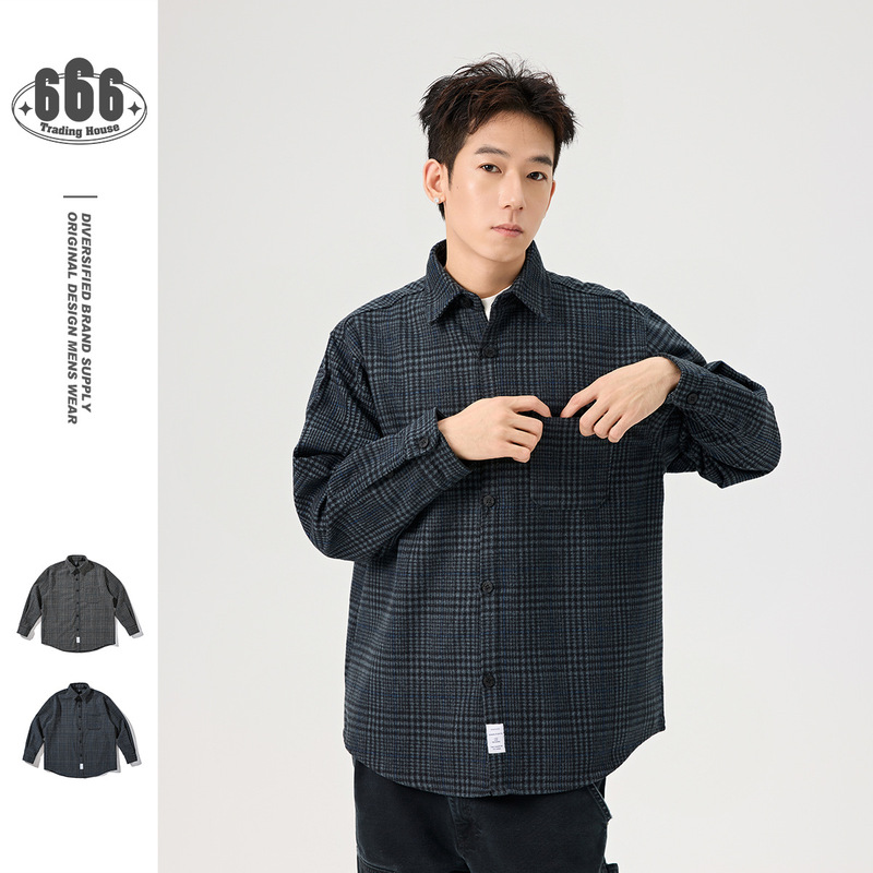 Wanlegetu National Trend Retro Plaid Shirt Men's Loose Trendy Brand Long-Sleeved Plaid Thick Woolen Shirt S585