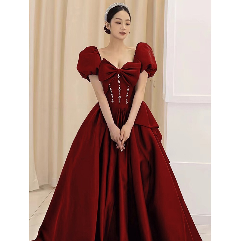 A toast  bride evening dress suits winter recalls French wine red dress dress female marriage engagement host singer solo princess dress