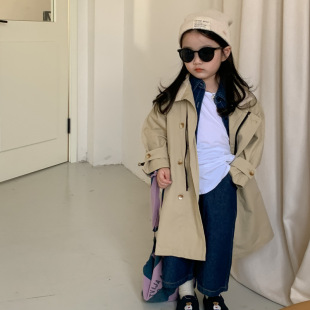 Girls' Trench Coat Korean Spring and Autumn Outfit Children's Stylish Little Girl Jacket Korean Version Small and Medium-Sized Children's Mid-Length Coat