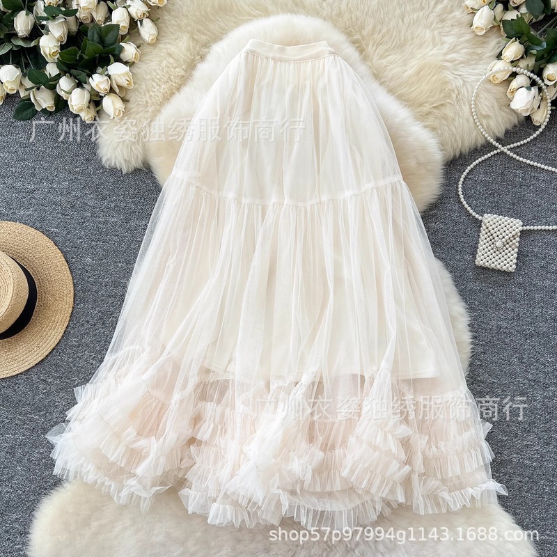 Skirt 舞会蓬蓬裙2025新款松紧腰网纱荷叶边超大摆半身蛋糕裙女|undefined