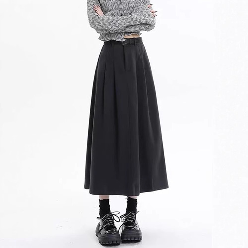 Women's Autumn/Winter Grey Wool Blazer Skirt Large Size Fat Mm High-Waisted Hip-Hiding Slimming A-Line Medium-Length Pleated Umbrella Skirt