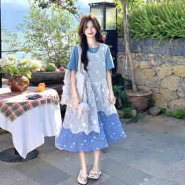 蓝色法式田园风不规则蕾丝罩衫套装女2026夏新款碎花半身裙两件套