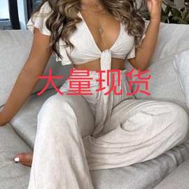 2021夏季亚马逊速卖通整体纯色结前裁缝上衣 高腰长裤棉麻套装