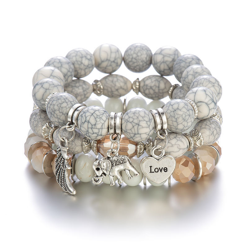 Ethnic style multi-layer beaded bracelet painted glass beads elephant wings love pendant adjustable jewelry Ethnic style multi-layer beaded bracelet painted glass beads elephant wings love pendant adjustable jewelry
