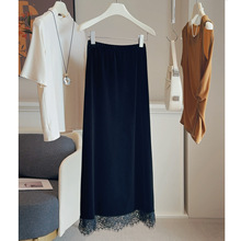 蕾丝花边拼接丝绒半身裙女2025年秋新款松紧腰显瘦气质中长A字裙