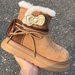 新款牛反绒~可爱Hellokitty厚底毛毛雪地靴女加绒加厚蝴蝶结保暖