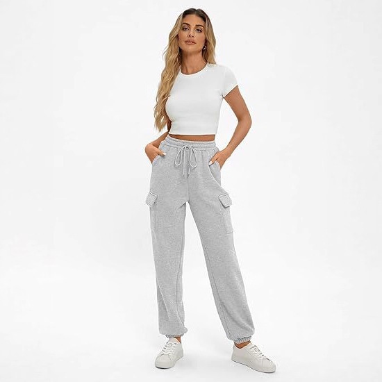 High Waist Sweatpants for Women - Loose Fit Cuffed Joggers with Large Pockets and Adjustable Drawstring Leg Trousers