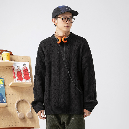Hanlu Japanese-style Men's Knitted Sweater with Twisted Weave, Solid Color, Crew Neck – Unisex Autumn/Winter Loose-Fit Retro Knitwear Jacket