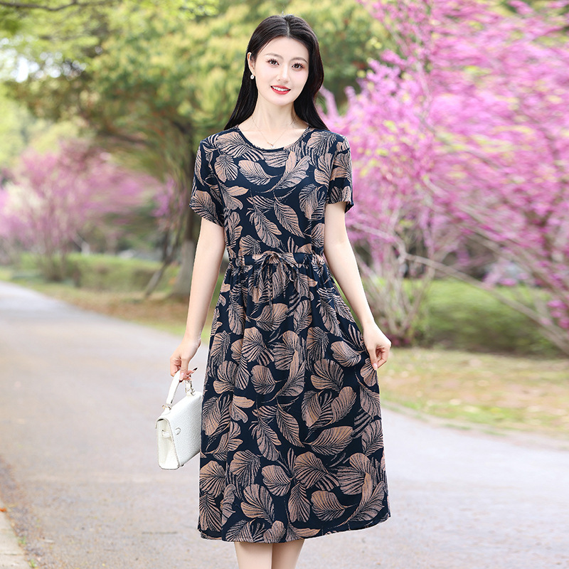 50岁60妈妈夏装棉绸连衣裙中老年圆领短袖大码女士中长款碎花裙子|undefined