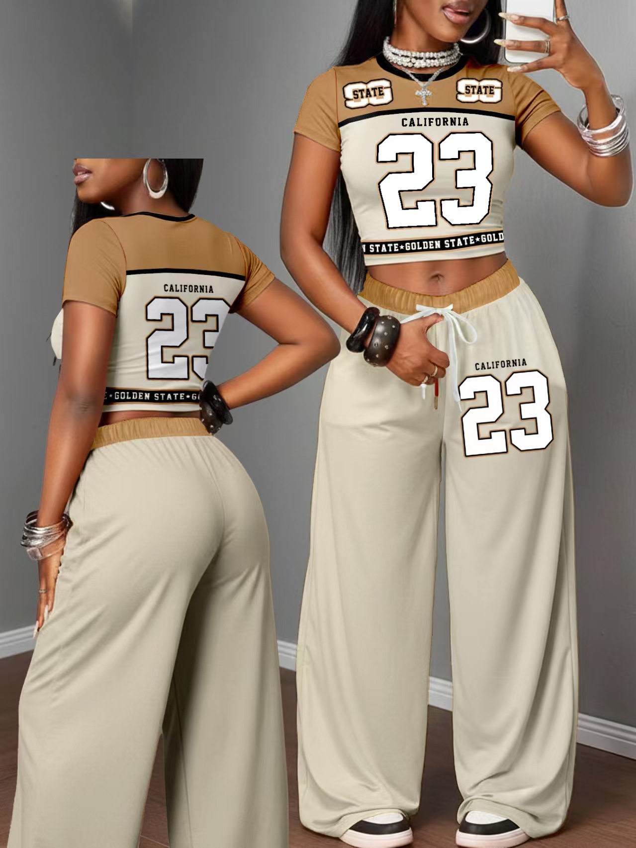 Completo due pezzi donna crop top stampato e pantaloni ampi_voghion.com