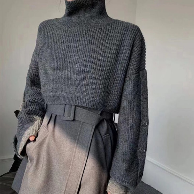 Sleeve Button Design Sense Niche Thickened Warm Base Knitwear Autumn and Winter Light Mature French Retro Sweater for Women