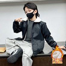 男童皮衣PU软皮超柔加绒加厚皮夹克上衣25冬装新款外贸童装代发