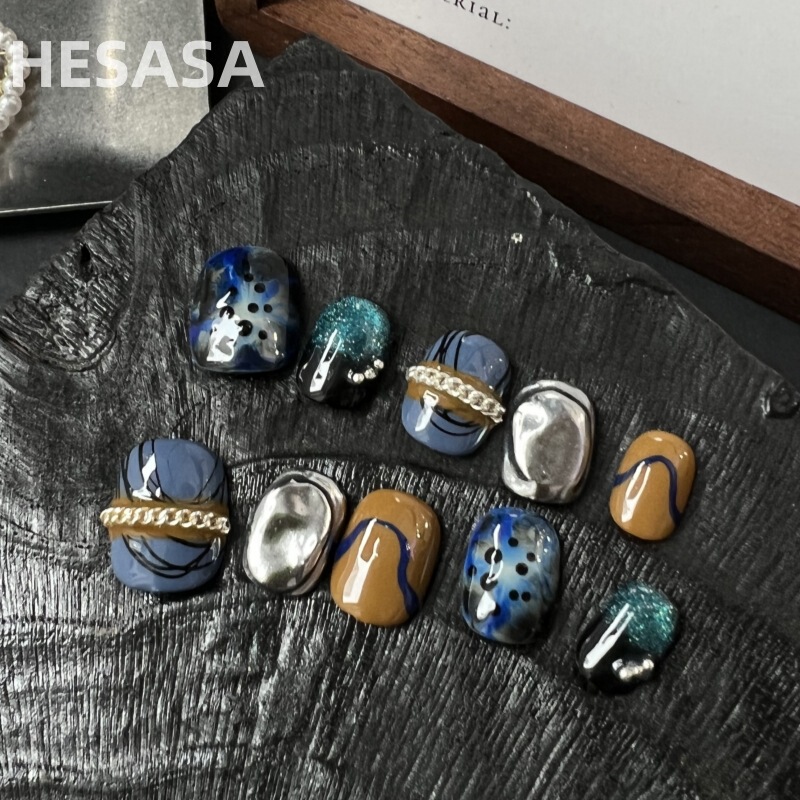 Sxrq | Designer Blue Line Design Chain Short Nail Art [Lan Roman] Pure Handmade Wearable Nails
