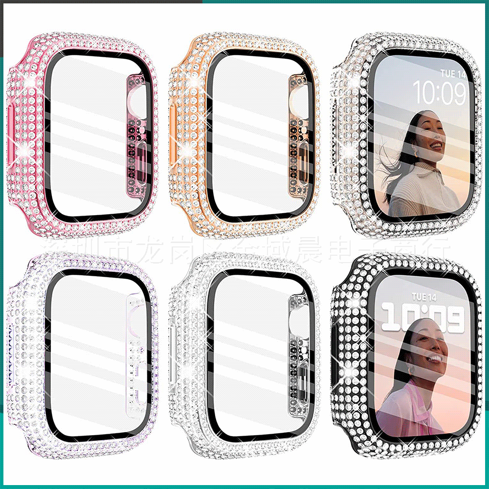 苹果手表Applewatch保护套PC电镀满钻钢化膜适用iwach6/7表壳钻彩