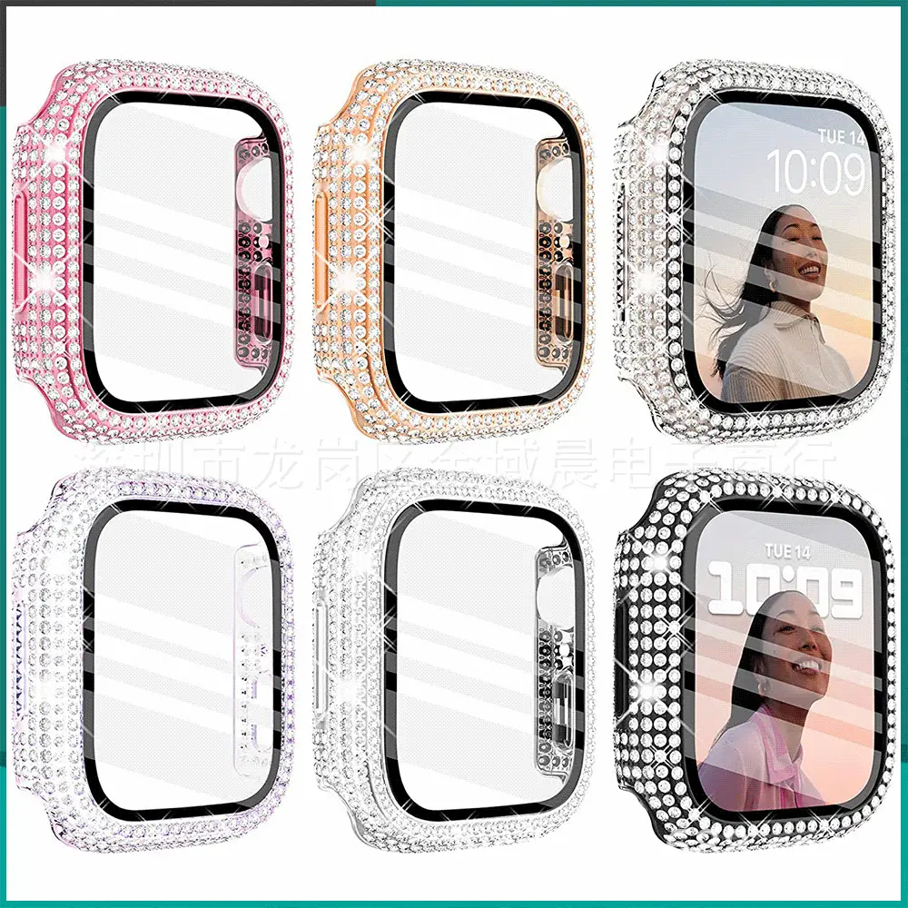 苹果手表Applewatch保护套PC电镀满钻钢化膜适用iwach6/7表壳钻彩