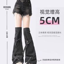 大码美式y2k复古毛边牛仔短裤女高街辣妹绑带腿套热裤两件套胖mm