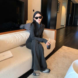 SUNONEONE 休闲慵懒运动套装女秋季新款老钱风条纹立领卫衣一整套