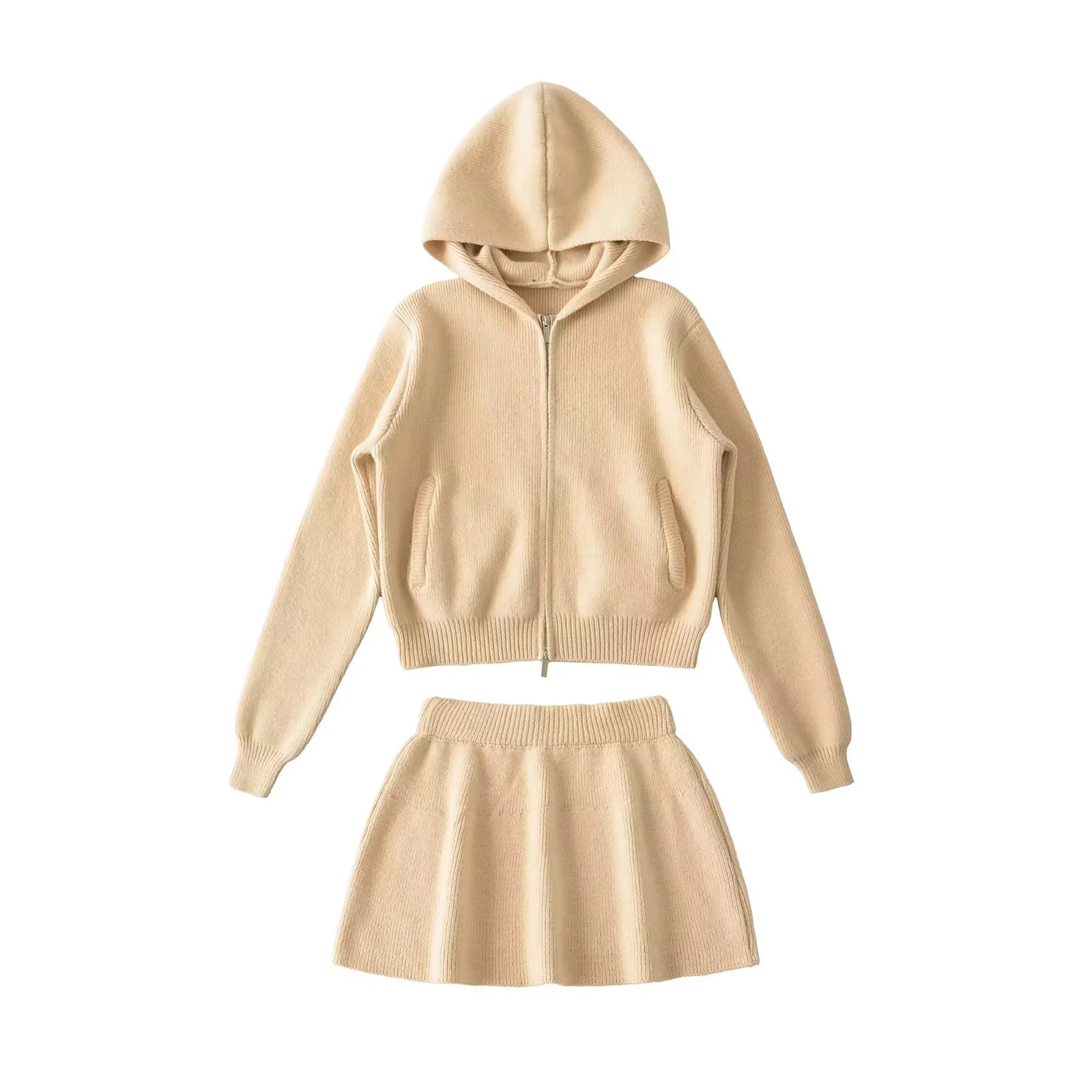 College Pure Desire Petite Autumn and Winter New Knitted Suit Women's Hooded Zipper Cardigan + A-Line Short Skirt