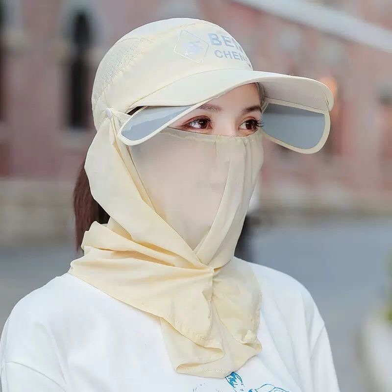 女性用日焼け止め帽子、夏用フルフェイスUVカット日よけ帽子、マスク、ネックプロテクター、一体型ホットラベル中空トップサンハット|undefined