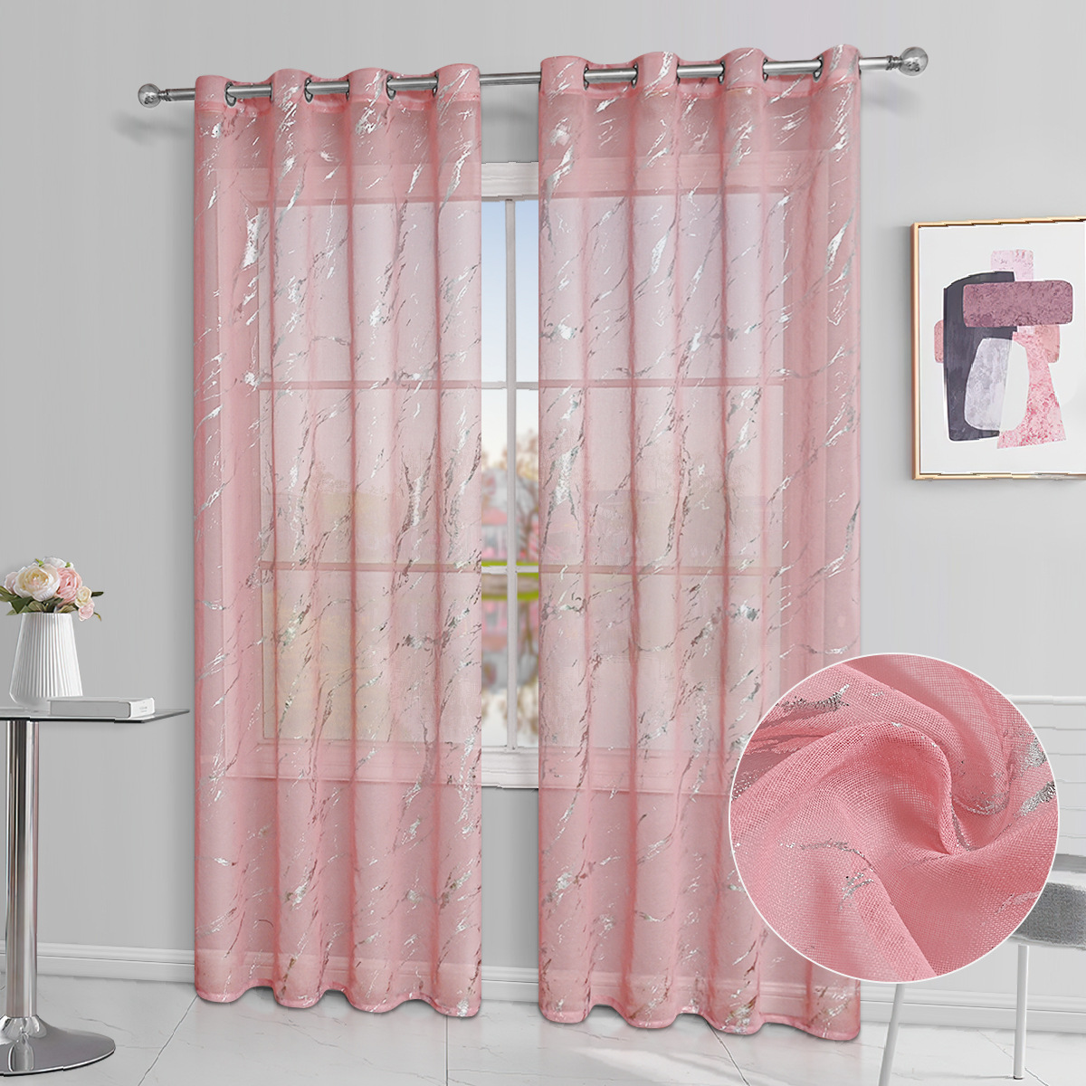 Cortina de gasa semitransparente perforada con pantalla de ventana de mármol plateado multi-doli, éxito de ventas transfronterizo de TEMU con entrega inmediata.