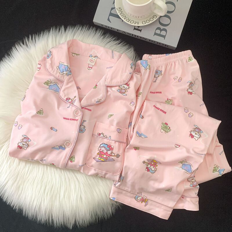 2024 Spring and Autumn Tencel Cotton Pajamas Women's Long Sleeve Pants Cute Cartoon Hello Kitty Home Clothes Set