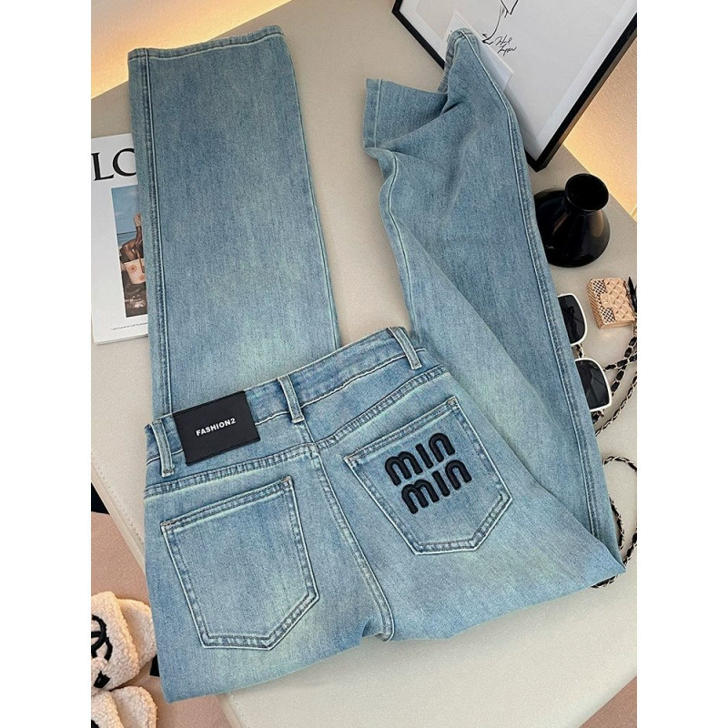 Вышитые буквы узкая версия эластичные джинсы женская весна 2025 новая высокая талия тонкая свободная светлая прямая брюки