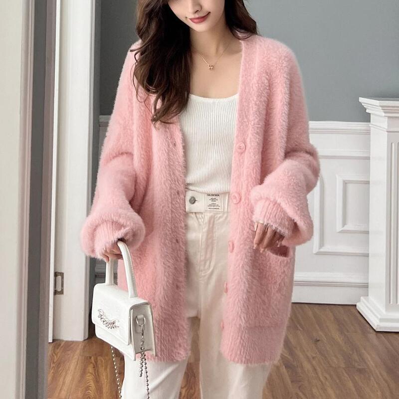 Korean Style Lazy Western Style Double Pocket Lantern Sleeves Soft Waxy Imitation Mink Velvet V-neck Gentle Style Sweater Women's Coat Autumn and Winter Korean Style Lazy Western Style Double Pocket Lantern Sleeves Soft Waxy Imitation Mink Velvet V-neck Gentle Style Sweater Women's Coat Autumn and Winter