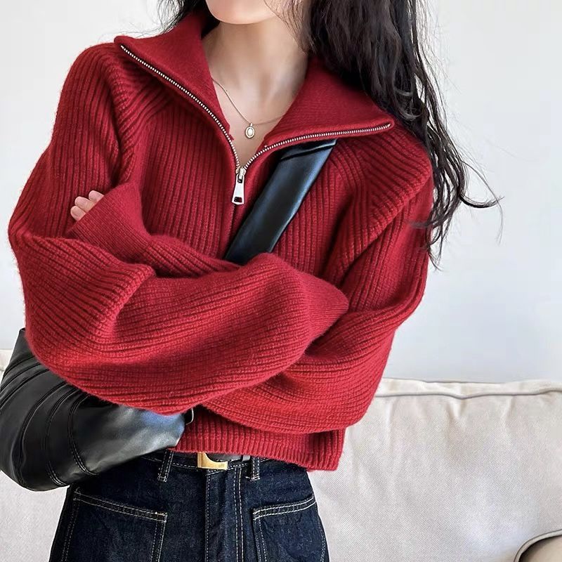 半拉链立领红色毛衣女秋冬2025新款韩版宽松慵懒风针织衫翻领上衣|undefined