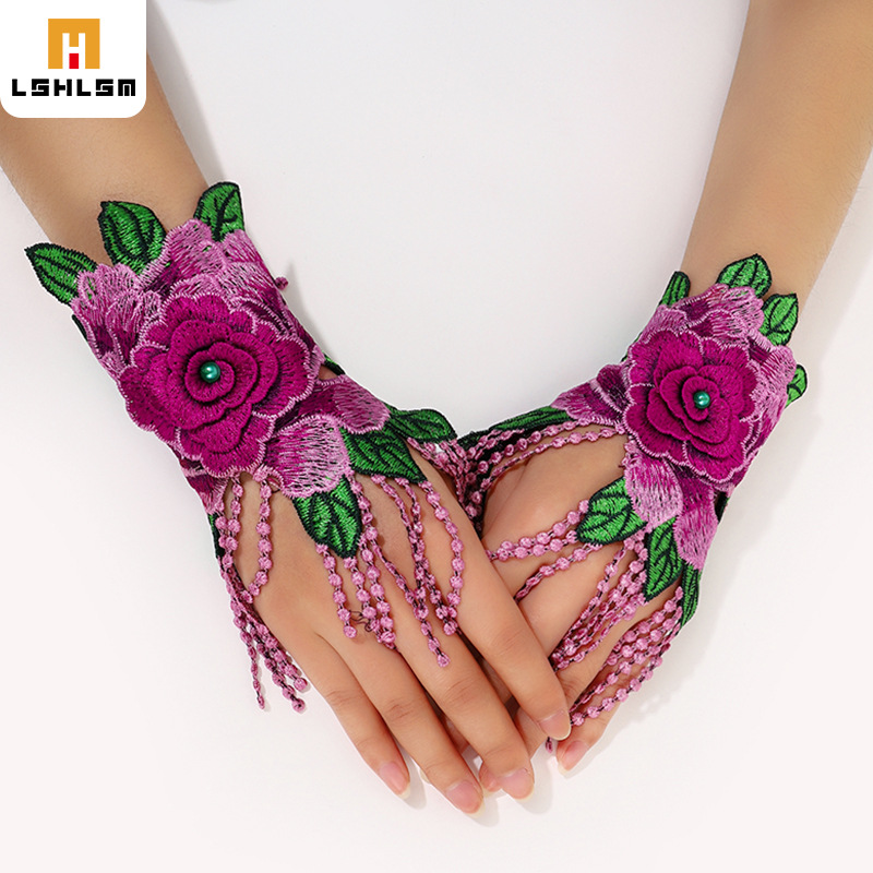 復古民族風花朵手套個性布藝花朵刺繡手套時尚彩色裝飾手鍊袖套