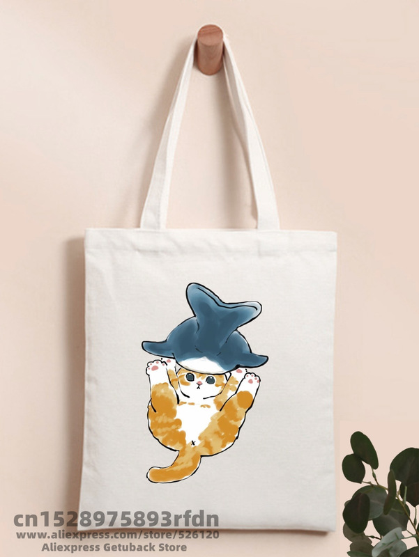 Cute Cat Shark Cat cartoon printed canvas bag Harajuku shoulder bag folding bag shopping tote Cute Cat Shark Cat cartoon printed canvas bag Harajuku shoulder bag folding bag shopping tote