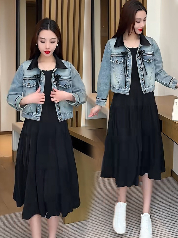 Spring and Autumn suit women's two-piece suit fashionable temperament dress 2024 Denim short coat jacket all-matching top