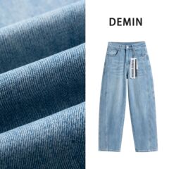 中山李少女春季新款彈力鐮刀牛仔褲女高個子寬鬆淺色闊腿褲香蕉褲