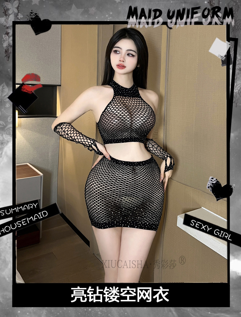 Fishnet Cut-Out Lingerie Set with Rhinestone Detail and Stockings — detail image 5