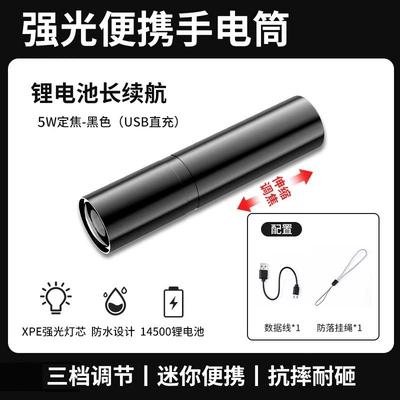 Strong Light Flashlight, Mini UV fənərlər - black-zoom-comes-with-usb-cable-lanyard