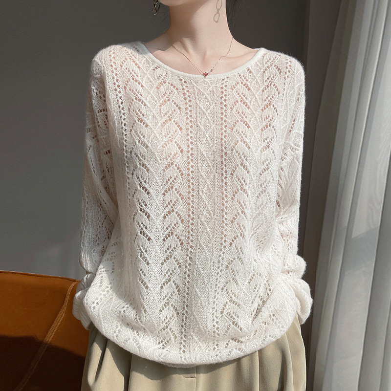 2025 Spring and Summer New Mulberry Silk Cashmere Blended Round Neck Sweater Long Sleeve Lazy Style Hollow-out Crocheted Top