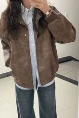 美式复古棕色翻领外套女春秋款2025仿麂皮绒PU情侣夹克上衣直销