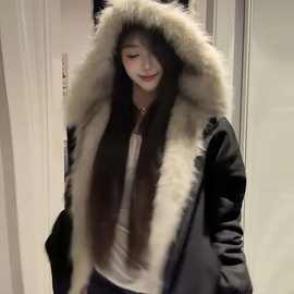 黑色毛领夹棉座山雕2025猫耳朵外套男女秋冬季加厚情侣毛绒棉衣潮