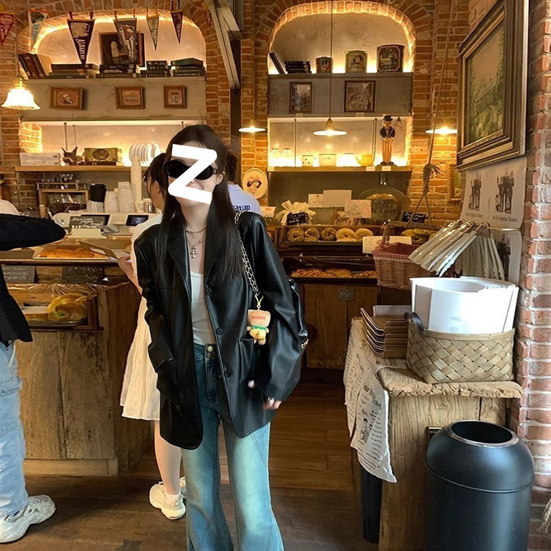 Design Sense Suit Leather Jacket Women's 2024 New Korean Motorcycle Style High Street Fashion Black PU Small Suit Trendy