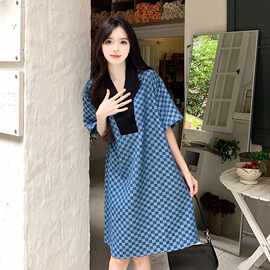 2023夏季大码遮肉西装领棋盘格胖妹妹学生宽松拼接裙子女夏连衣裙