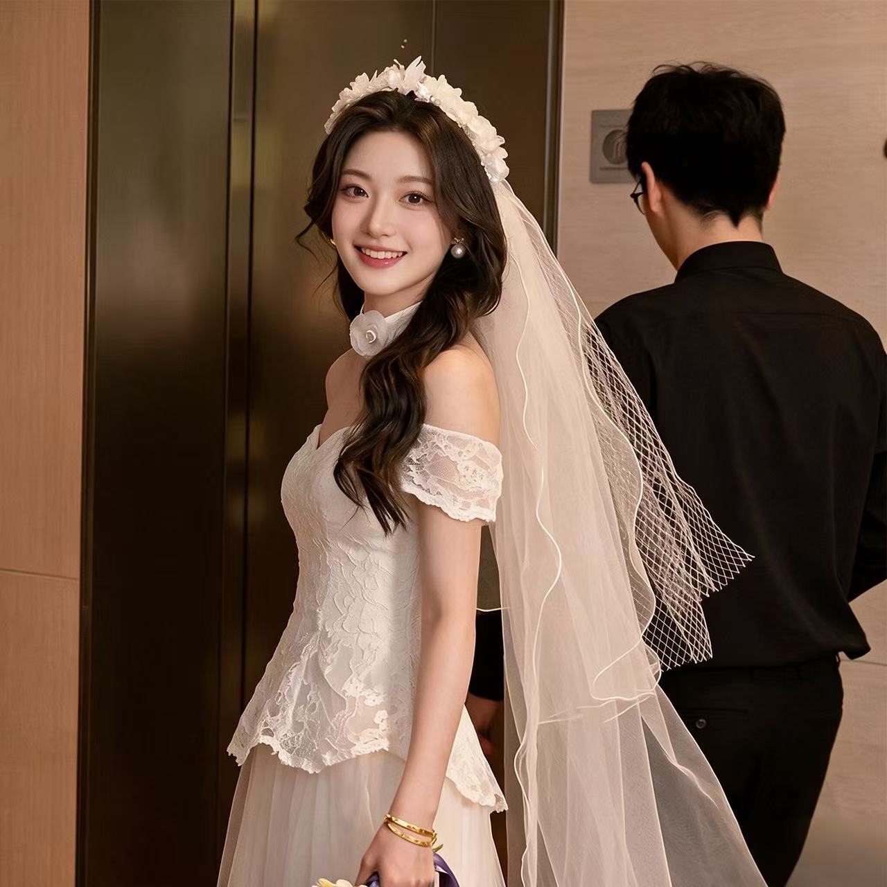 Floral wreath veil, Korean-style engagement light veil, forest-style super-fairy headpiece, popular photo prop, atmosphere-enhancing photo tool